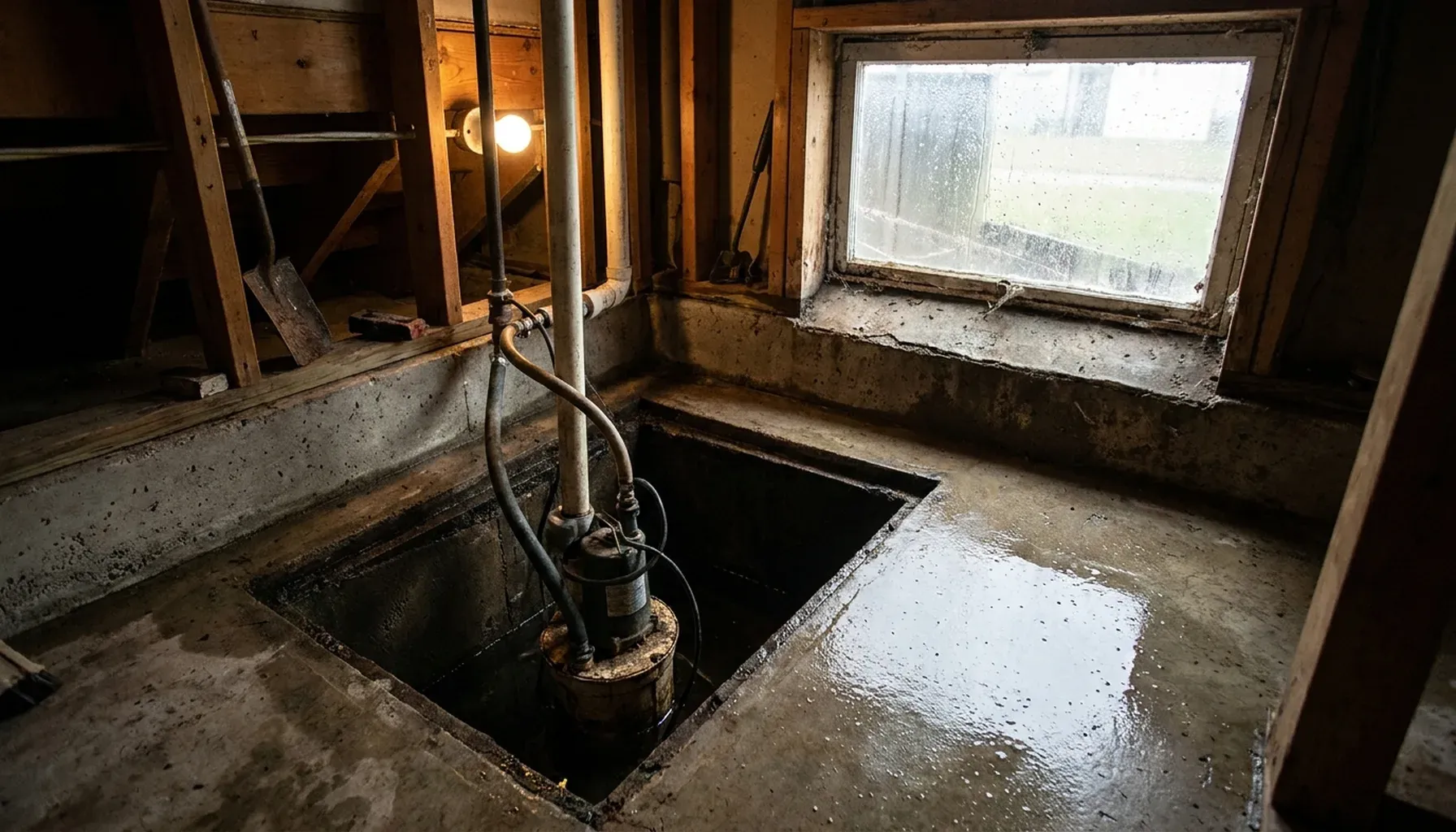 A sump pump sits in an open pit in the corner of an unfinished basement while rain streaks a small window above, with water beginning to pool on the concrete floor nearby.