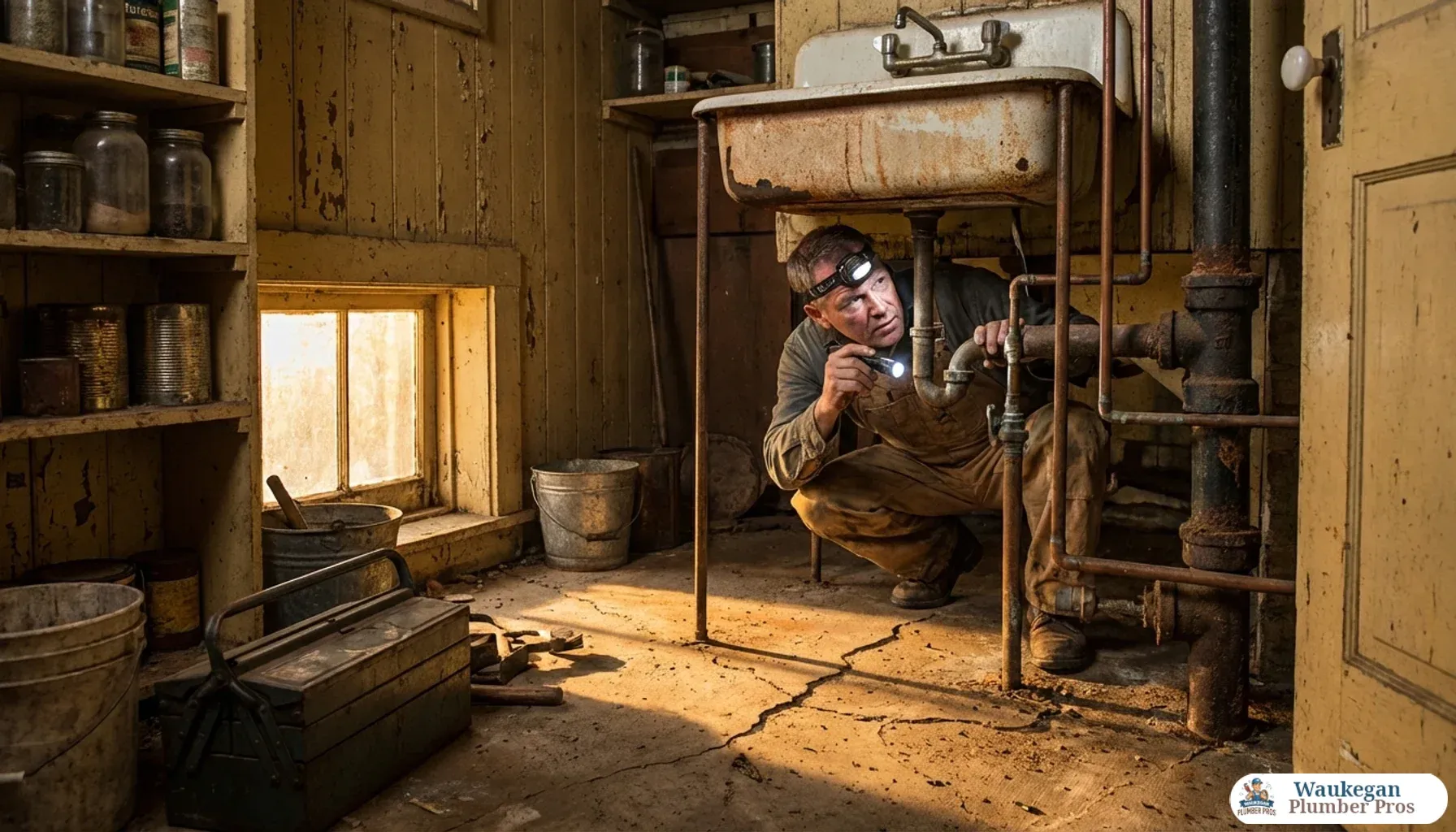 A plumber crouches beneath a kitchen sink in an older home, carefully inspecting a network of aging copper and galvanized pipes. Warm afternoon light streams through a small window, illuminating the worn concrete floor and peeling walls of the lived-in space.