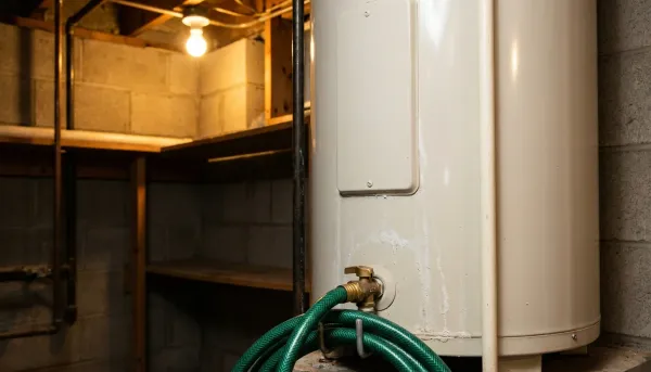 A residential tank water heater in a basement utility corner with a drain hose attached to its bottom valve for a sediment flush, mineral scale visible around the drain fitting.
