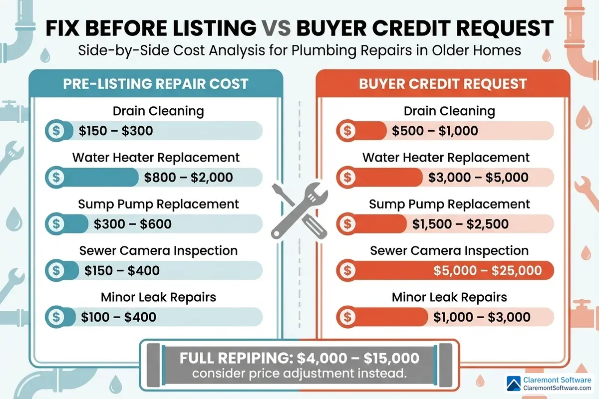 Alt text: A comparison infographic showing the cost-benefit analysis of fixing plumbing issues before listing a home versus accepting price reductions during buyer negotiations, with side-by-side cost figures for common repairs like leaky faucets, water heater replacement, and pipe repairs demonstrating that pre-listing fixes typically cost less than the negotiation credits buyers request for the same issues.