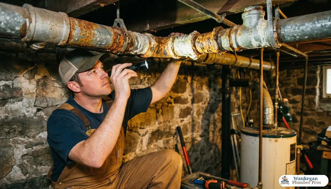 A licensed plumber in work clothes crouches in a dimly lit basement with stone foundation walls, shining a flashlight at corroded galvanized pipe joints along a low ceiling, revealing orange rust and white mineral deposits on the fittings, with an old water heater visible in the background.